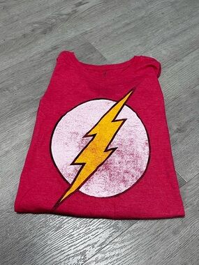 DC Red Short Sleeve Tee with Yellow Lightning Graphic